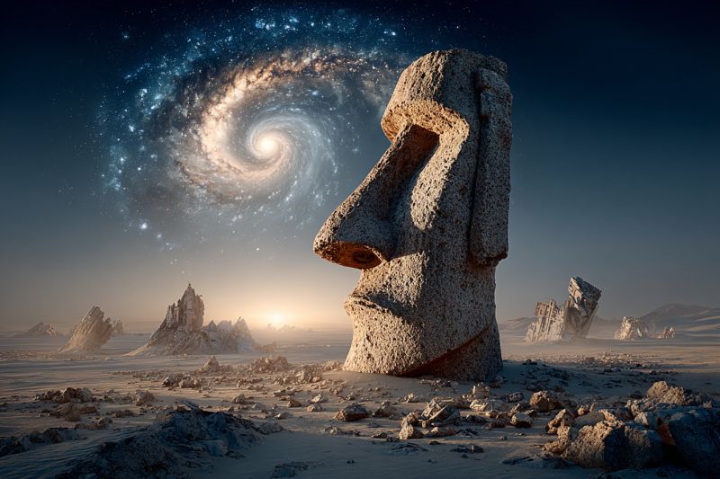 Desert sculpture pierre ancien monolithe ruines nuit ciel etoiles galaxie cosmos astronomie univers falaise colline montagne coucher soleil espace roc Dans un vaste paysage désertique rocheux, une grande statue de pierre d'un visage humain se dresse de manière proéminente. La statue est usée et a une expression solennelle. Derrière elle, le ciel est d'un bleu profond, passant à une teinte plus claire près de l'horizon. Une galaxie brillante avec des bras tourbillonnants et un noyau central est visible dans le ciel, ajoutant un élément mystique à la scène. Le soleil se couche à l'horizon, projetant une lumière chaude et dorée sur le paysage. Au loin, d'autres formations rocheuses et quelques autres statues tombées sont dispersées à travers le désert.