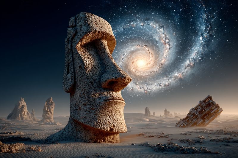 Desert sculpture ruins space galaxy night star sky stone ancient alien mystery aliens extraterrestrial In a vast desert, a large stone statue of a human face stands prominently. The statue is weathered and has a solemn expression. Behind it, the night sky is filled with stars, and a stunning spiral galaxy is visible, with a bright center and swirling arms. To the right, a large, broken spaceship lies on the ground, its metallic structure glinting in the starlight. In the distance, more stone formations and a ruined structure add to the scene's mysterious and ancient atmosphere.