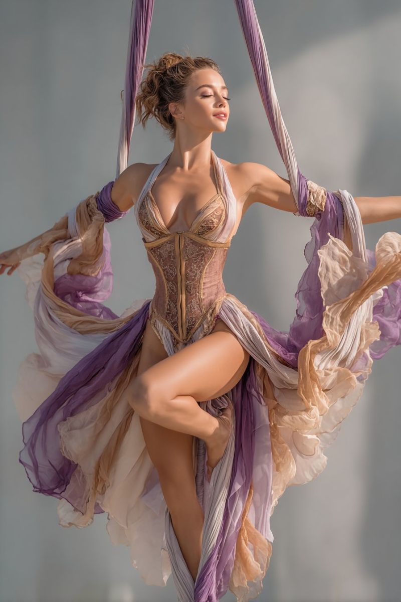 Woman aerial performance costume dance circus silk ribbon elegant graceful flexibility strength expression fantasy imagination theater A woman is performing an aerial dance, suspended in mid-air with her arms and legs spread wide. She wears a corset-style top with intricate designs, paired with a flowing, layered skirt in shades of purple and beige. Her hair is styled in loose waves, and she has a serene expression with her eyes closed. The background is a plain, light-colored wall, and the lighting highlights her graceful pose.