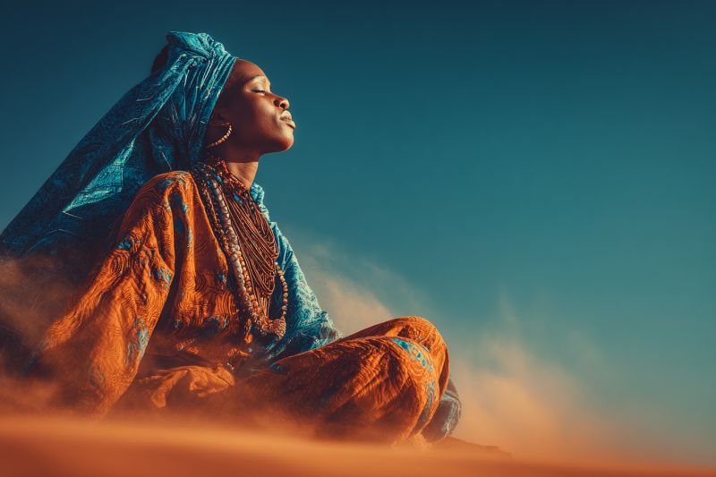 Femme desert meditation sable ciel bijoux couvre chef boucles oreilles collier tenue assise traditionnelle culturelle ethnique ethnicite porter habill Une femme est assise les jambes croisées sur le sol, les yeux fermés et la tête inclinée vers le haut, possiblement dans une pose méditative ou contemplative. Elle porte un foulard bleu et une tenue orange ornée de motifs complexes. Ses cheveux sont attachés et elle a une expression sereine. Elle est entourée par un environnement léger et sablonneux, avec un ciel bleu clair en arrière-plan. La scène se déroule dans un paysage désertique, avec l'ombre de la femme projetée sur le sol.