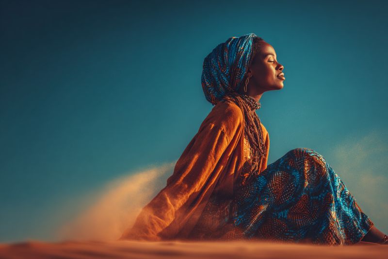Woman desert sand sky clothing earring necklace jewelry eye mouth finger arm leg knee foot shadow head scarf A woman sits on the ground in a desert, her eyes closed, and her head tilted upward. She wears a blue headscarf and a long, patterned dress in blue and brown. The sand around her is blowing in the wind, and the sky above is a clear, deep blue.