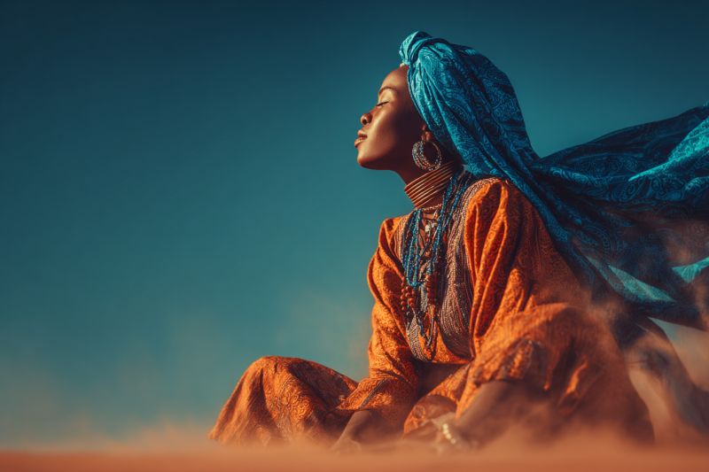Femme beaute culture tradition ethnique patrimoine bijoux accessoires couvre chef echarpe tenue costume assise desert Une femme est assise par terre les yeux fermés, possiblement dans un désert ou un paysage aride. Elle porte un vêtement orange vif avec des motifs complexes et un foulard bleu qui flotte autour d'elle. Le visage de la femme est tourné sur le côté, et ses cheveux sont partiellement couverts par le foulard. Le fond est un ciel bleu clair, et il y a des traces de poussière ou de sable dans l'air, suggérant un environnement venteux.