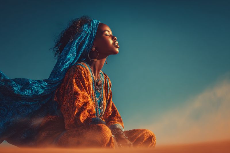 Femme desert ciel foulard boucles oreilles bijoux tete yeux cou mains doigts doigt bague soleil Une femme aux cheveux bouclés est assise par terre, possiblement dans un désert. Elle porte un foulard bleu et une tenue à motifs orange et bleu. Elle regarde vers le haut les yeux fermés, possiblement en position méditative. Elle porte de grandes boucles d'oreilles et une chaîne. Le ciel est bleu avec quelques nuages, et le sol est couvert de sable. L'image a une lumière chaude et dorée.