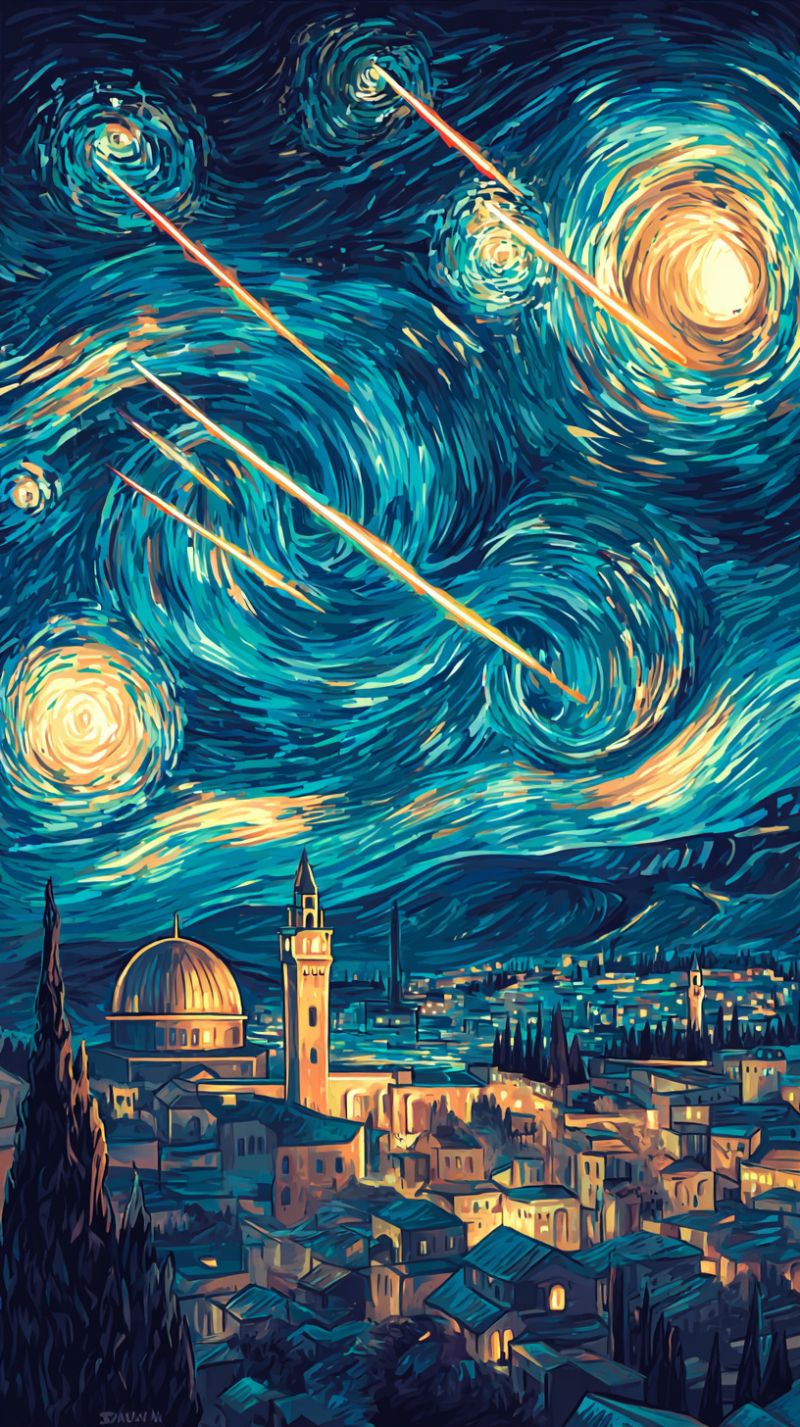 Nuit ciel etoiles ville batiments dome tour arbres architecture urbain imagination fantaisie espace cosmos Le ciel nocturne est rempli de motifs tourbillonnants, bleus et jaunes vibrants, rappelant 