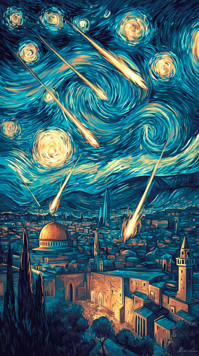 Painting night sky stars meteor city building dome architecture space astronomy universe cosmos celestial comet outer shower ight sky filled with swirling, vibrant blue and yellow patterns reminiscent of Van Gogh's 