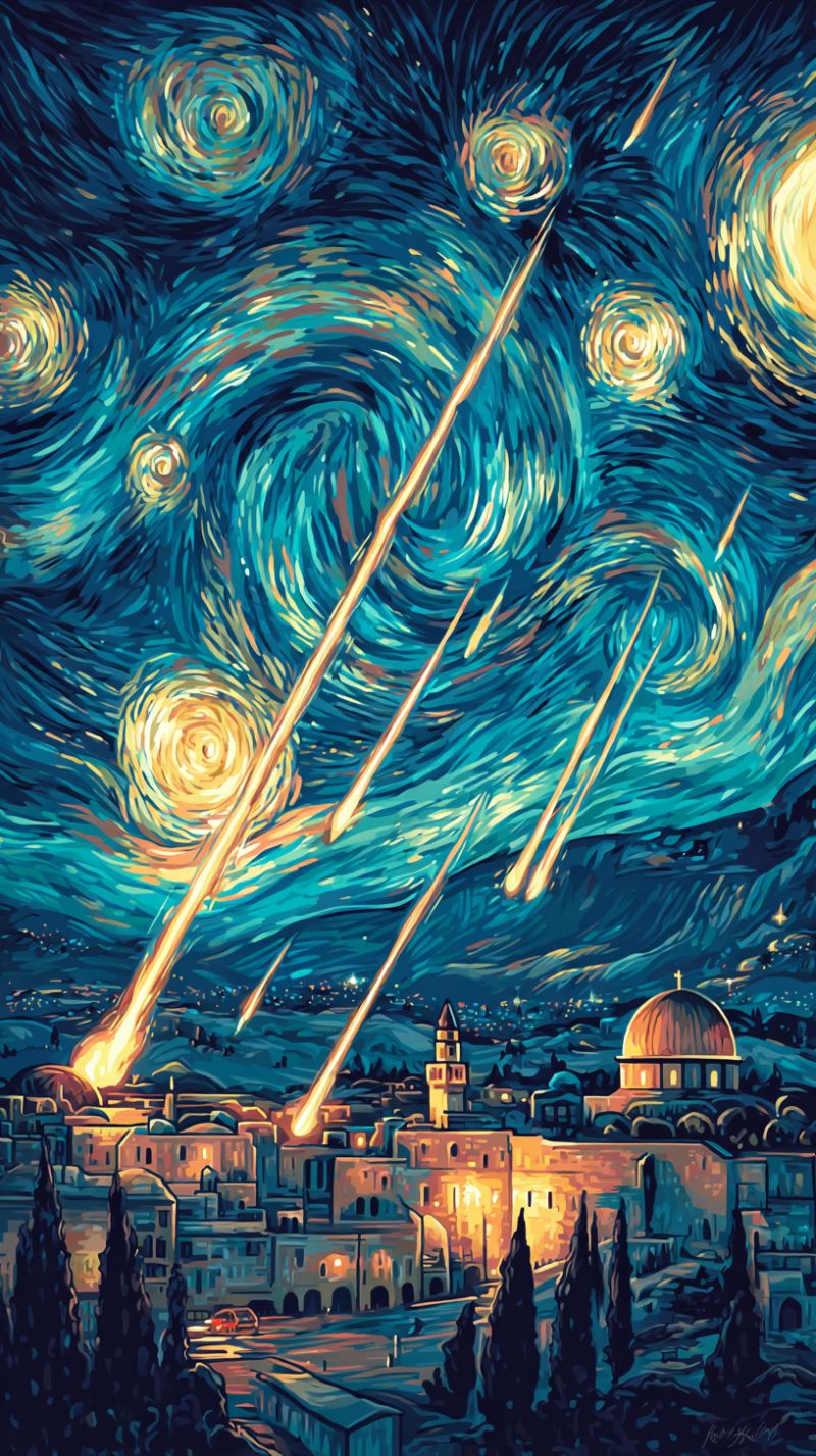 Painting night sky stars meteor city building dome architecture space astronomy cosmos universe jerusalem outer middle east eastern ight sky filled with swirling, vibrant blue and yellow patterns reminiscent of Van Gogh's 
