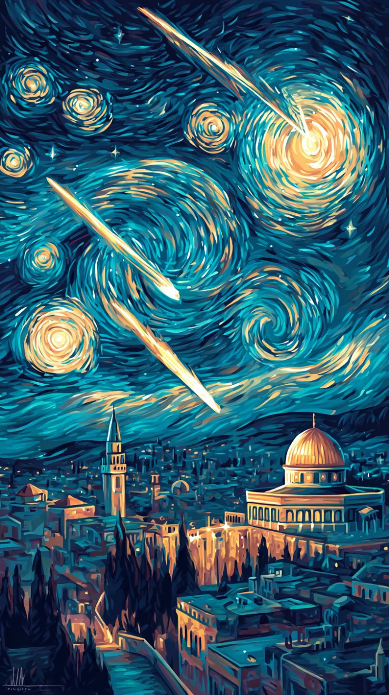 Painting night sky stars comet city building dome architecture space universe astronomy celestial cosmic galactic meteor outer ight sky filled with swirling, vibrant blue and yellow patterns, reminiscent of Van Gogh's 