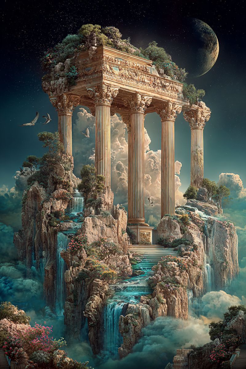Temple architecture fantasy waterfall clouds mountain night sky moon trees plants birds flowers rocks water sculpture carving stairs steps An ancient temple stands majestically atop a rocky cliff, surrounded by cascading waterfalls. The temple features four grand columns and a detailed frieze, with lush greenery and flowers adorning the rocky surface. Birds fly gracefully above, and the scene is set against a back of a glowing moon and stars. The sky is a deep blue, with clouds adding to the ethereal atmosphere.