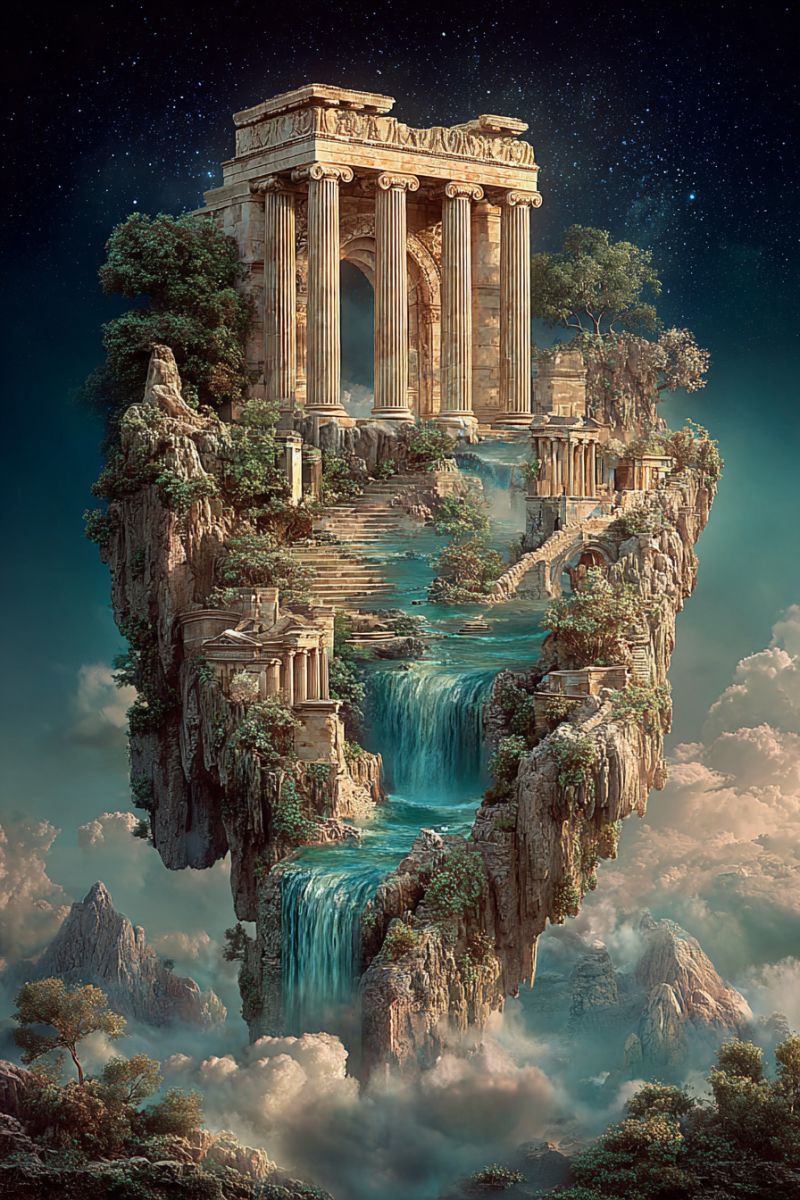 Architecture pont classique sculpture temple design statue structure eau Un temple ancien flotte dans le ciel, entouré de verdure luxuriante et de cascades. Le temple, avec ses grandes colonnes et ses sculptures complexes, semble être fait de pierre. Il est perché sur une falaise rocheuse, avec de l'eau qui coule de sa base. Le ciel est d'un bleu profond, parsemé d'étoiles, et les nuages en dessous sont épais et blancs. La scène est à la fois surréaliste et majestueuse, mêlant des éléments de la nature et de l'architecture dans un cadre onirique.