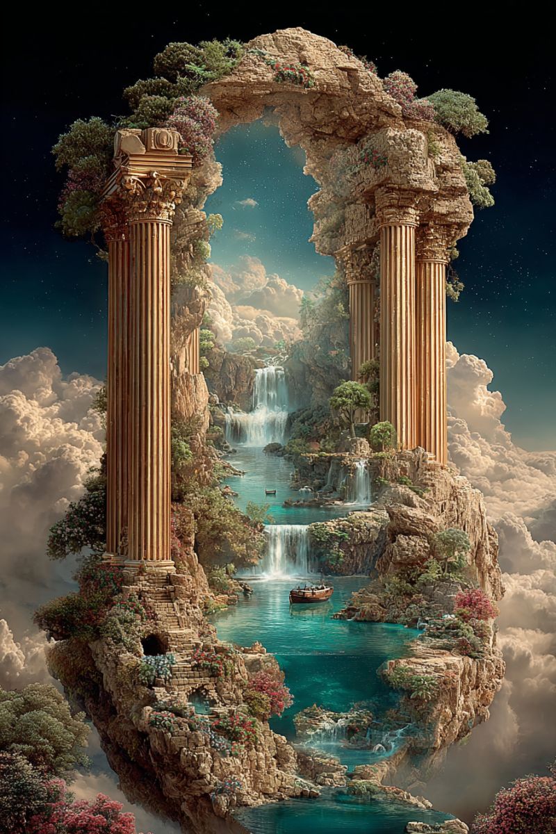 Architecture bridge clouds column fantasy flowers forest garden green heaven imagination island lake mountain nature painting paradise sky water surreal landscape featuring a grand, ancient stone archway adorned with lush greenery and vibrant flowers. The archway is supported by two tall, ornate columns. Through the archway, a waterfall cascades into a serene, blue body of water. The water is surrounded by rocky cliffs and more greenery. In the water, there is a small boat, and the sky above is a deep blue with scattered stars, giving the scene a magical, otherworldly feel.