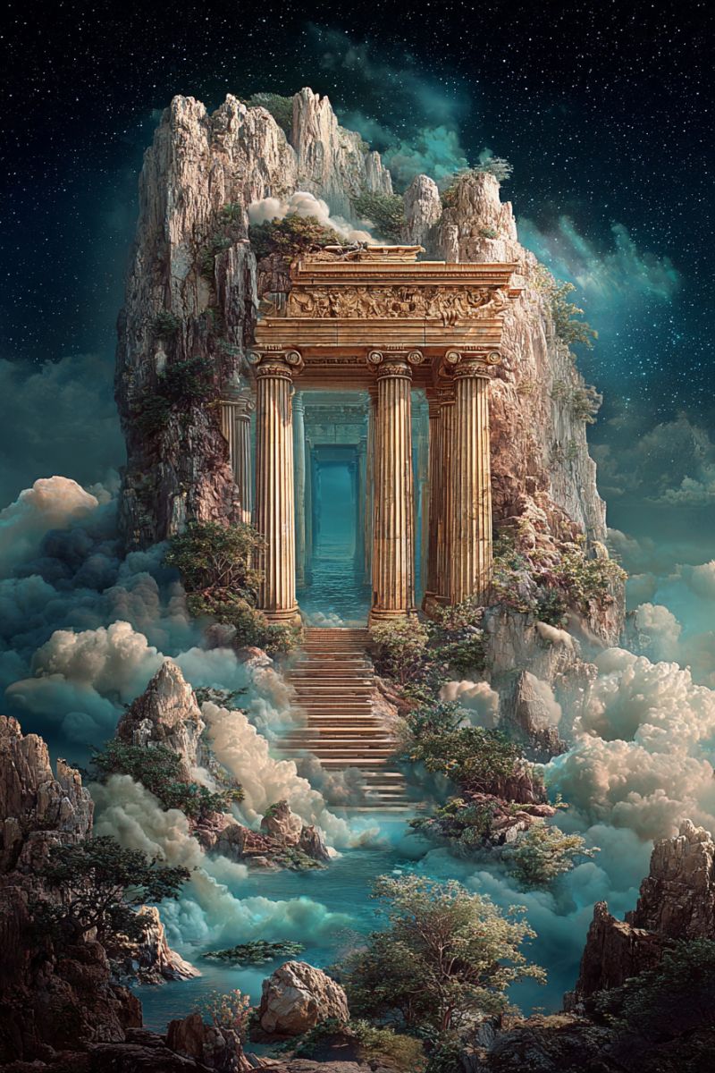 Architecture classique nuages colonne design fantaisie fictif foret imagination montagne nature roche ciel eau Paysage surréaliste présentant un grand temple ancien construit dans le flanc d'une falaise imposante. Le temple a un design classique avec de grandes colonnes dorées soutenant un fronton triangulaire orné de sculptures complexes. L'entrée est encadrée par une arche bleu profond, menant au temple. La falaise est couverte de verdure luxuriante, avec des vignes et de petits arbres s'accrochant à sa surface rocheuse. Le ciel au-dessus est une nuit profonde et étoilée, avec quelques nuages éparpillés. Le premier plan montre une série de marches menant à l'entrée du temple, entourées de nuages tourbillonnants et de brume. La scène globale est baignée d'une lumière douce et éthérée, créant une atmosphère onirique.