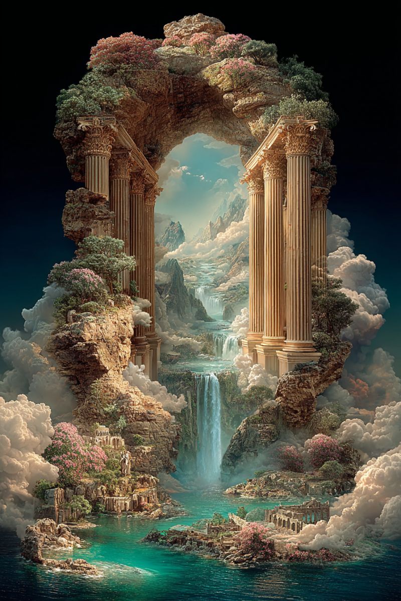 Fantasy architecture water clouds mountains trees bridge river waterfall sky rocks island ruins painting world scenery environment A fantastical landscape features a grand archway made of stone, adorned with intricate carvings and lush greenery. The archway leads to a serene waterfall cascading into a tranquil body of water. The scene is set against a back of majestic mountains and a sky filled with fluffy clouds. The water is a deep blue, reflecting the sky and surrounding greenery. The archway and surrounding rocks are covered in vibrant pink flowers, adding a touch of color to the scene.