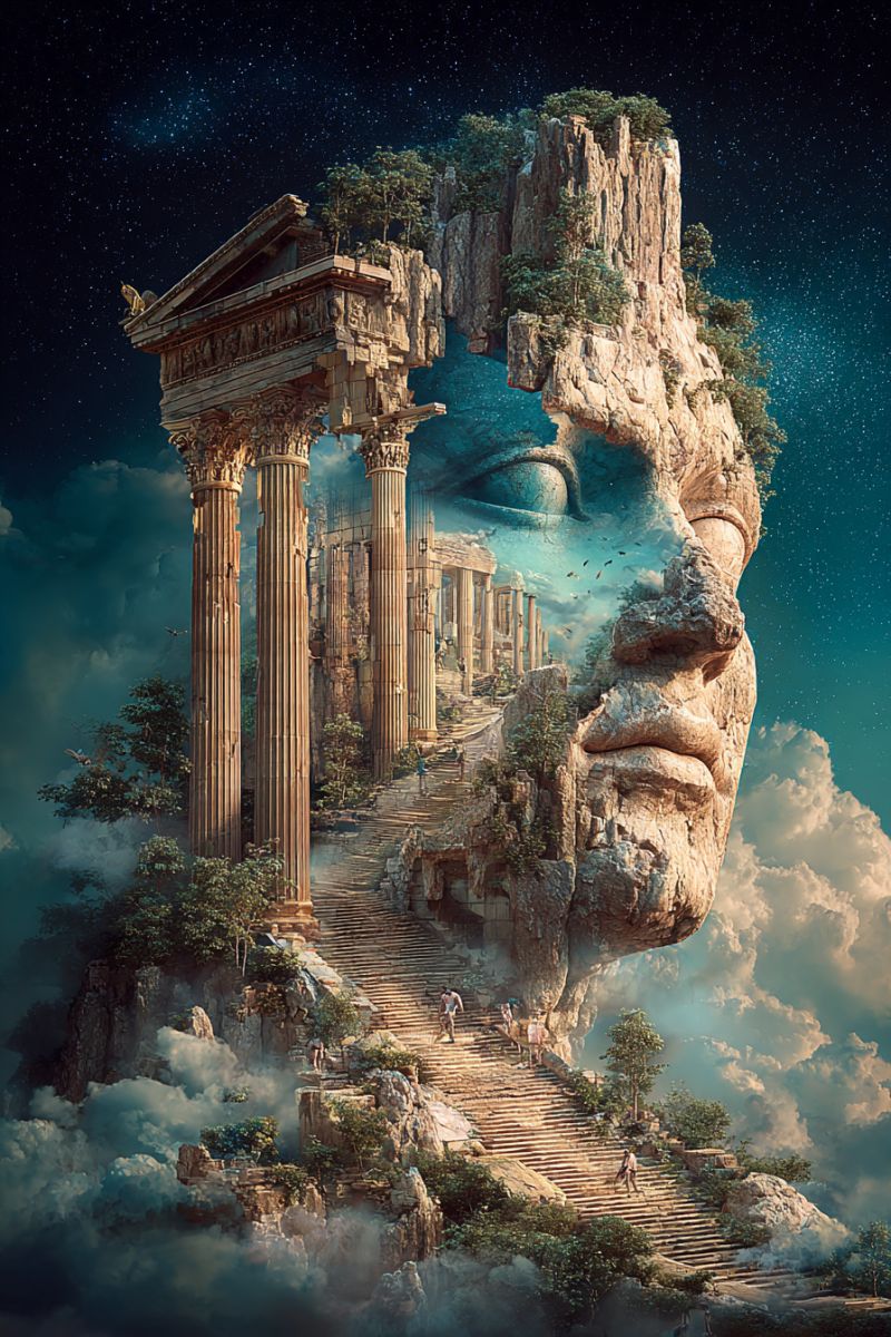 Architecture batiment nuage nuages concept design fantaisie foret jardin herbe vert imagination montagne nature plante Paysage surréaliste présentant un visage humain géant sculpté dans une falaise rocheuse. Le visage a une expression sereine, avec un oeil ouvert et fixant le lointain. La falaise est ornée d'arbres et de plantes, ajoutant une touche de nature au terrain rocheux. Au centre du visage, il y a une grande structure de temple antique avec des colonnes et un toit, créant un sentiment de signification historique. Le temple est entouré d'un chemin qui y mène, avec des personnes marchant le long de celui-ci. Le ciel au-dessus est rempli d'étoiles, ajoutant une atmosphère mystique et irréelle à la scène.