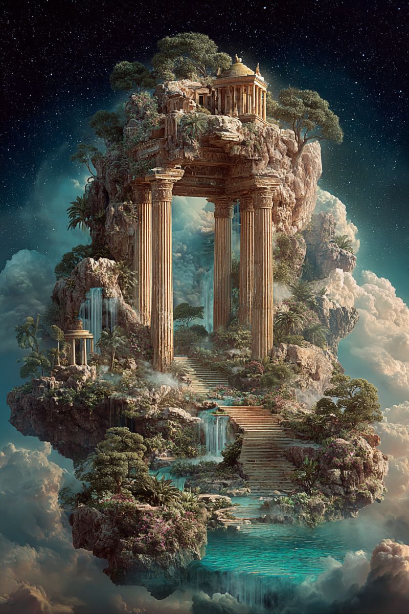 Architecture pont nuage nuages fantaisie foret jardin vert ciel ile montagne nature chemin eau Une illustration artistique dépeint une île flottante avec un grand temple au centre. Le temple présente un arc doré soutenu par de hautes colonnes et un toit en forme de dôme. Autour du temple se trouvent des arbres et des plantes luxuriantes, avec une cascade qui dévale du temple dans une piscine sereine en contrebas. L'île est entourée de nuages, et le ciel au-dessus est rempli d'étoiles, créant une atmosphère mystique et irréelle.
