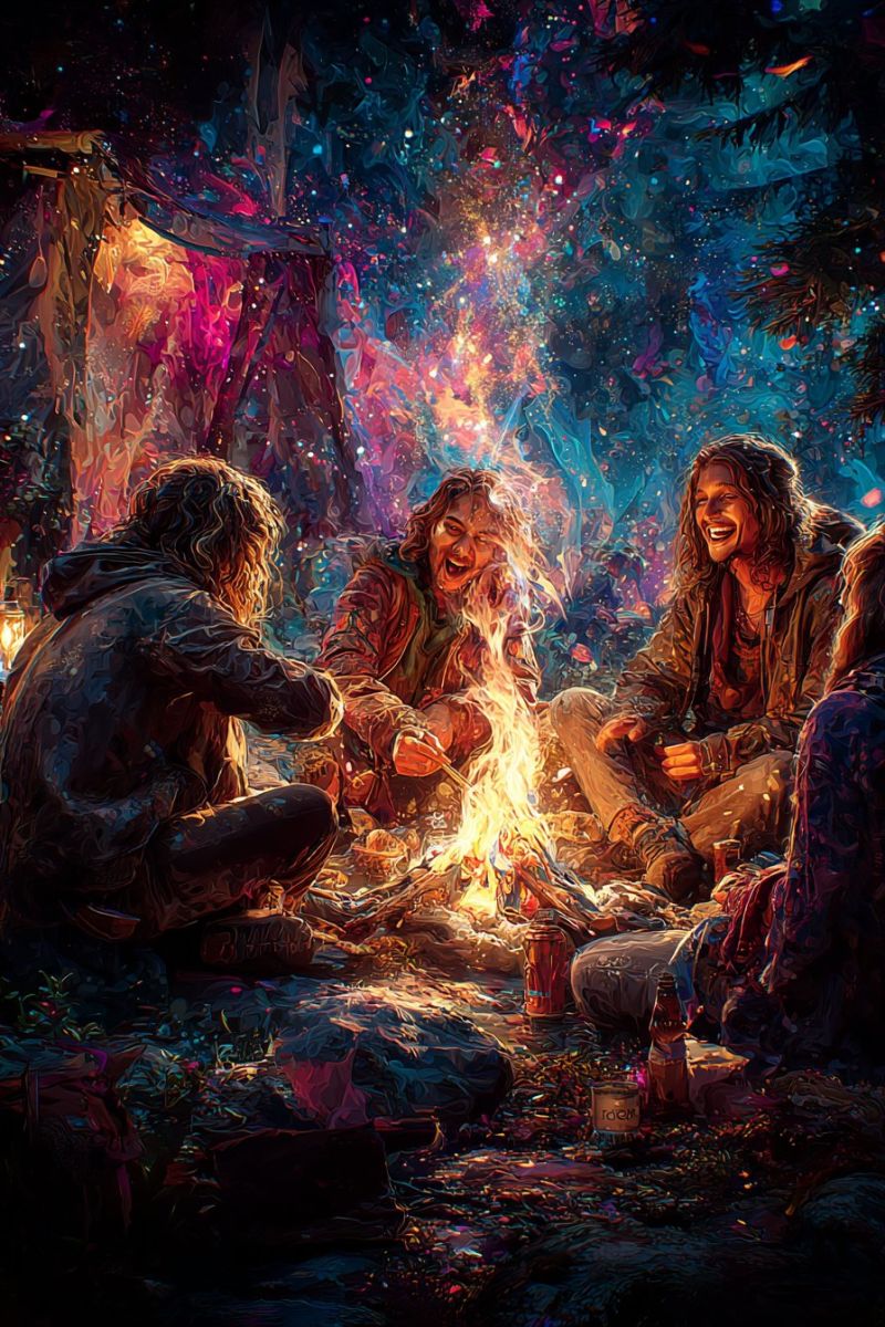 Campfire friends night camping fire smiling sitting outdoors group laughter joy togetherness adventure nature warmth bonding storytelling memories cel A group of people are gathered around a campfire in a forest. The scene is vibrant and colorful, with a mix of warm and cool tones. The fire is burning brightly, casting a warm glow on the faces of the people. The man on the left is looking at the fire, while the man in the middle is smiling and looking at the man on the right. The man on the right is looking at the man in the middle. There are bottles and cans on the ground, and the background is a mix of dark and bright colors.