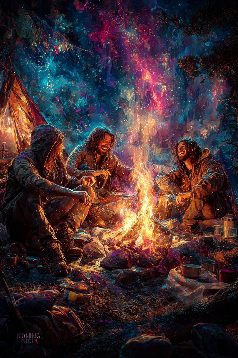 Campfire camping amis groupe nuit air gens assis souriant ensemble tente arbre chaleur bois aventure lien camp compagnie conversation relaxation Trois hommes sont assis autour d'un feu de camp dans une forêt, leurs visages illuminés par la lueur du feu. L'homme à gauche porte une veste à capuche et a les cheveux longs, tandis que l'homme du milieu a une barbe et sourit. L'homme à droite a les cheveux bouclés et sourit également. Le feu brûle vivement, projetant des ombres sur le sol et les arbres environnants. L'arrière-plan est un mélange vibrant de teintes bleues, violettes et jaunes, créant une atmosphère surréaliste et onirique.