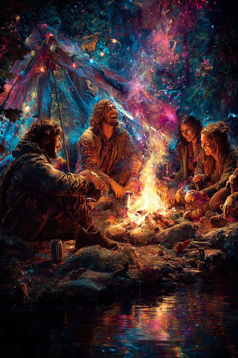 Campfire camping friends night fire camp adventure group outdoors nature smiling sitting tent glow glowing Four people are sitting around a campfire in a forest. The man on the left is looking at the fire, while the man in the middle is laughing and looking at the camera. The woman on the right is smiling and looking at the man in the middle. The woman on the left is looking at the man on the right. The fire is surrounded by rocks, and there is a tent behind them. The background is a forest with a lot of trees and plants.