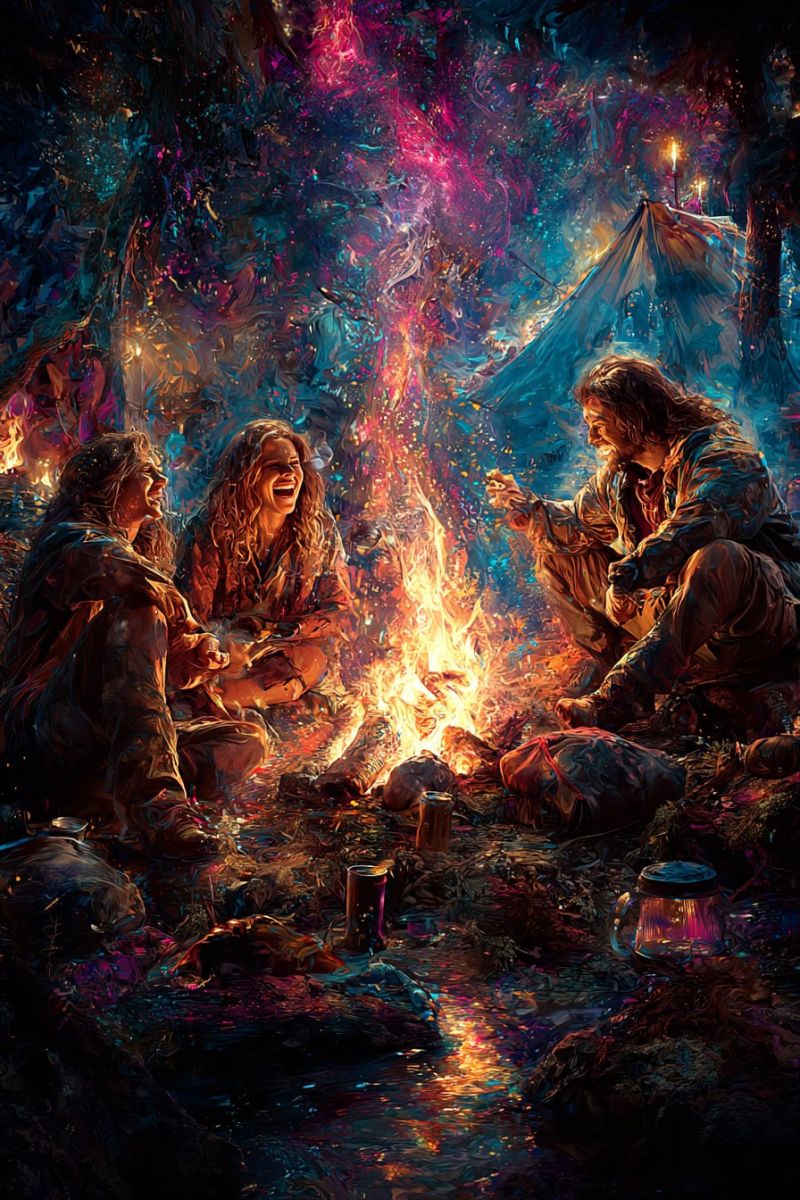 Campfire camping camp nuit feu amis aventure air nature foret tente lampe bougie sourire joie rire chaleur compagnie raconter histoires rassemblement Trois personnes sont assises autour d'un feu de camp dans une forêt. La femme au milieu rit et regarde l'homme à sa droite, qui sourit et la regarde. L'homme à gauche regarde la femme au milieu. Le feu brûle vivement, et il y a quelques objets sur le sol, y compris une tasse et une lanterne. L'arrière-plan est sombre, et il y a des arbres et une tente au loin.