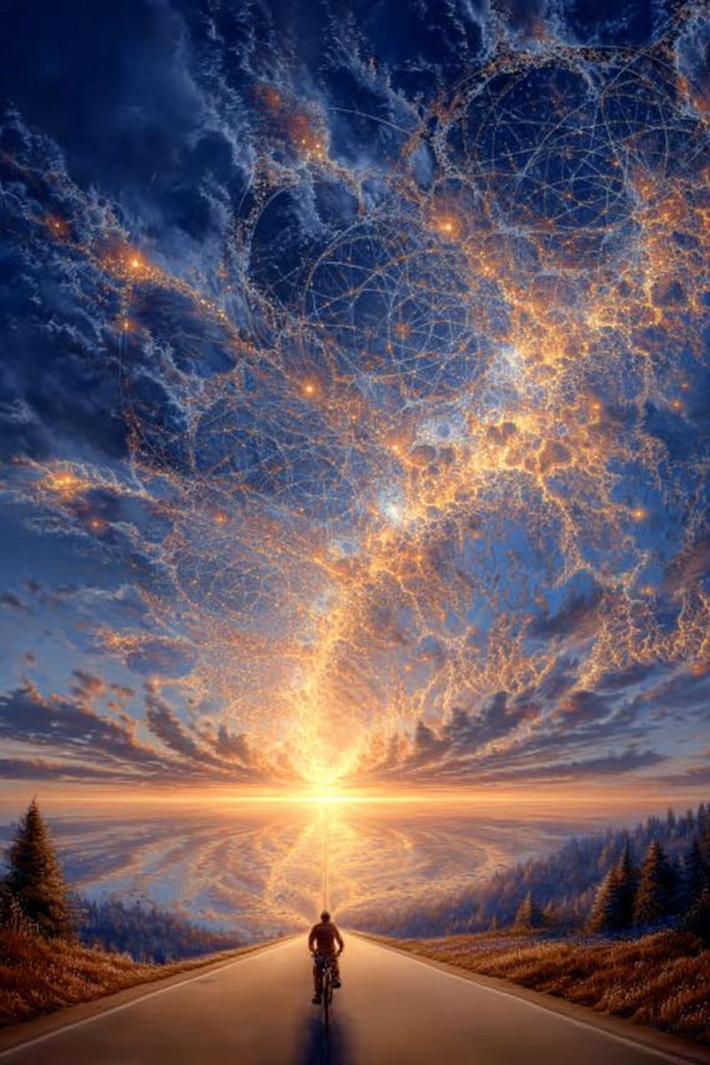 Road cyclist bicycle sky sunset trees hill water reflection clouds mountains horizon shadow nature painting imagination fantasy A person rides a bicycle on a road under a surreal sky filled with intricate, glowing patterns resembling a cosmic web. The sky transitions from deep blues to warm oranges and yellows, suggesting a sunset or sunrise. The road stretches into the distance, flanked by dry grass and sparse trees. The sun, almost hidden by the patterns, casts a golden glow over the scene, creating a sense of wonder and exploration.