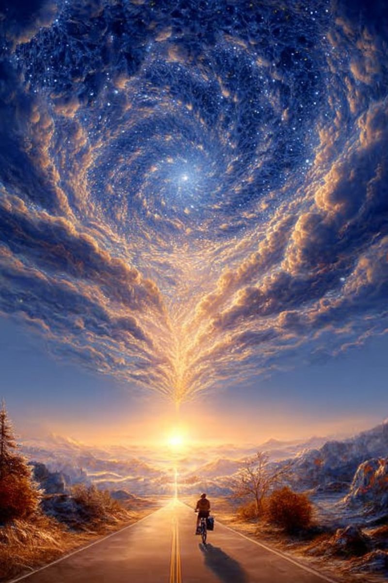 Road cyclist mountains sky sun clouds trees painting imagination fantasy dream inspiration adventure exploration journey travel freedom nature A person rides a bicycle on a road under a sky filled with swirling clouds and stars. The road stretches into the distance, with mountains and trees on either side. The sun is setting, casting a warm glow over the scene. The sky is a mix of deep blues and warm oranges, creating a surreal and dreamlike atmosphere.