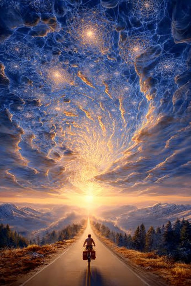 Road cyclist mountain sky sun clouds trees travel adventure journey exploration nature horizon sunset shadow distance perspective A lone cyclist rides down a winding road surrounded by a surreal landscape. The sky above is a mesmerizing blend of deep blues and swirling golden hues, resembling a cosmic nebula. The cyclist is bare-chested, pedaling with determination, and carries a red backpack. The road stretches into the distance, flanked by tall, dark trees and rugged mountains under a setting sun. The scene evokes a sense of adventure and the vastness of the universe.