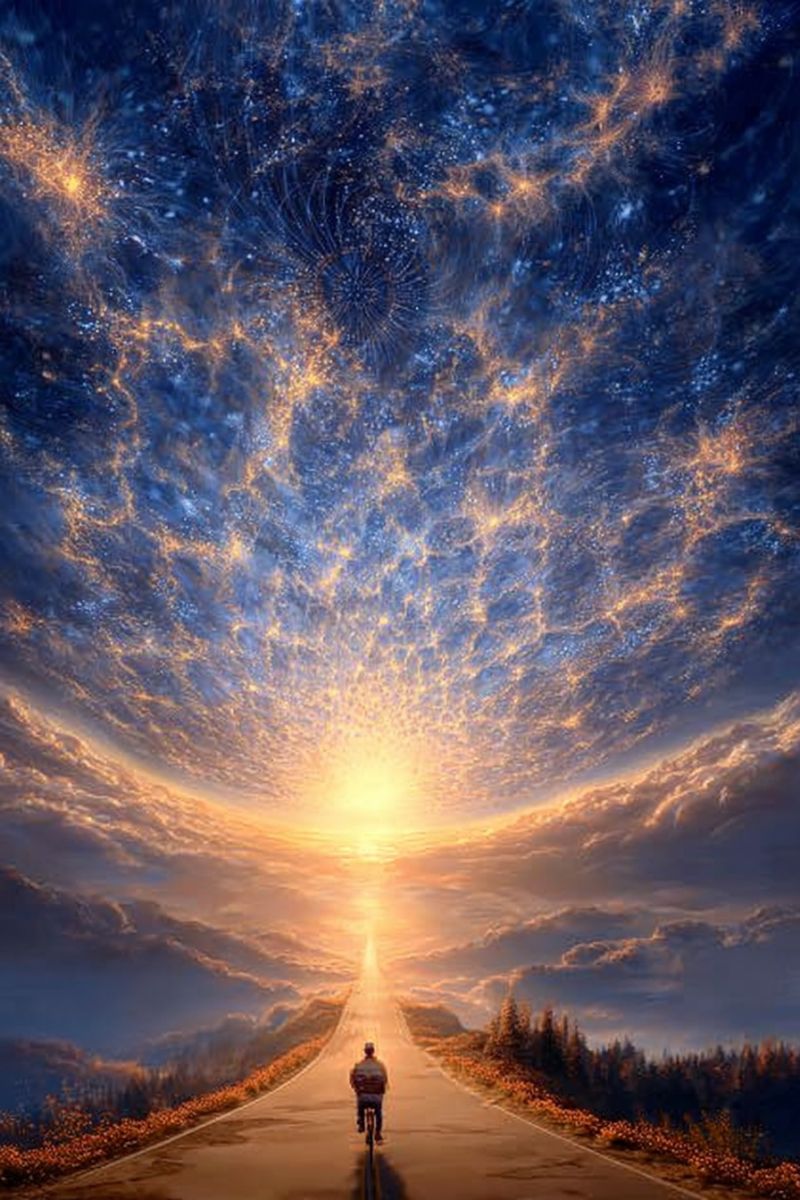 Road man bicycle sky sun clouds mountains trees flowers painting fantasy dreamlike surrealism imagination inspiration motivation A lone cyclist rides down a long, winding road under a surreal sky filled with swirling clouds and stars. The sky transitions from deep blue to golden hues as it stretches above, creating a dramatic backdrop. The cyclist is dressed in a red shirt and shorts, riding a bicycle with a basket in front. The road is flanked by trees and flowers, and the sun's rays illuminate the scene, casting long shadows. The overall atmosphere is one of peaceful solitude and wonder.