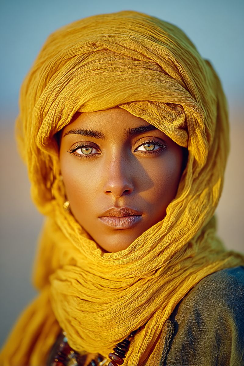 Femme foulard jaune oeil tete beaute accessoire bijou boucle oreille collier perle echarpe traditionnel culture Une femme à l'expression sérieuse porte un foulard jaune qui couvre sa tête et ses épaules. Elle a les yeux verts et la peau brune. Elle porte un collier avec des perles rouges et noires. L'arrière-plan est flou et semble être un désert.