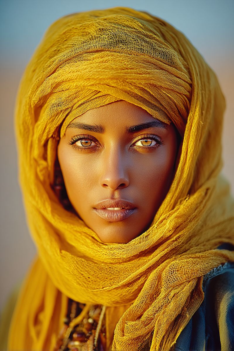 Woman headscarf yellow eye head fashion beauty clothing accessory jewelry necklace earring ear earrings A woman with a serious expression is wearing a bright yellow headscarf that covers her hair and part of her face. The scarf is intricately woven and has a slightly wavy texture. Her face is framed by the scarf, and her eyes are almond-shaped with long, dark lashes. She has a light brown complexion and is wearing makeup, including eyeliner and lipstick. The background is a soft, light blue color, and the lighting is warm and natural.