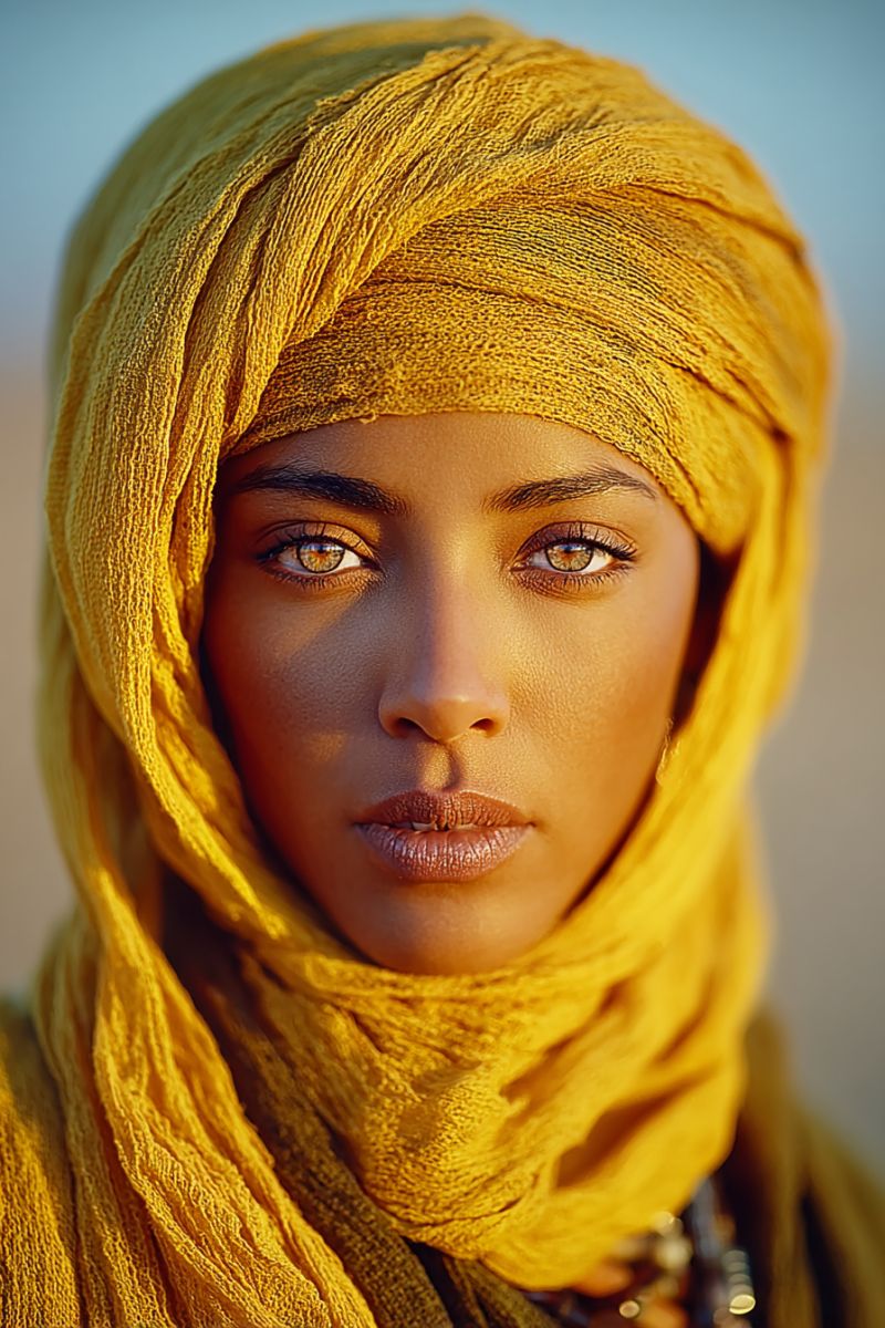 Woman head headwear scarf yellow hairstyle hairband hairbands hairstyles A woman with a warm, golden complexion is wearing a yellow headscarf that covers her head and shoulders. The scarf is neatly folded and draped over her head, with the ends hanging down her back. Her eyes are almond-shaped and have a warm, golden hue, with long, dark eyelashes. Her lips are full and slightly parted, revealing a hint of teeth. She has a small mole on her right cheek, and her skin has a smooth, radiant quality. The background is a soft, warm color, possibly a sunset or a warm light.