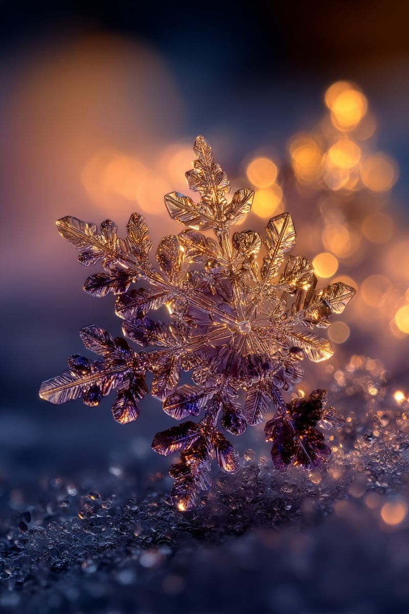 Snowflake crystal ice cold winter nature bokeh texture pattern frost decoration jewelry gem sparkle bling A close-up of a single snowflake with intricate, crystalline patterns. The snowflake is illuminated by a warm, golden light, casting a soft glow on its delicate branches. The background is a soft, blurred blue with hints of yellow and orange, suggesting a wintery evening or night. The snowflake's branches are slightly curled and have a slightly glossy appearance, indicating that it is a well-formed snowflake. The overall effect is one of delicate beauty and tranquility.