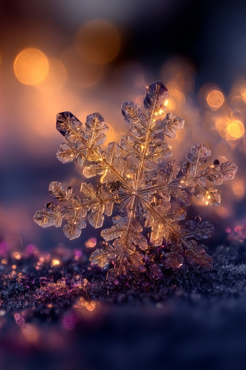 Flocon neige cristal glace froid hiver nature cristallisation bokeh etincelle etincelant cristallographie cristallise Un gros plan d'un flocon de neige délicat et complexe repose sur une surface sombre, potentiellement enneigée. Le flocon de neige est composé de nombreuses petites branches cristallines rayonnant à partir d'un point central, chaque branche ayant une forme et des détails uniques. La surface du flocon de neige reflète la lumière, créant un effet étincelant, et il est entouré par un arrière-plan flou et doux de lumières violettes et jaunes, provenant peut-être d'un cadre festif. La scène globale est baignée dans une lumière dorée et chaude, rehaussant la délicate beauté du flocon de neige.