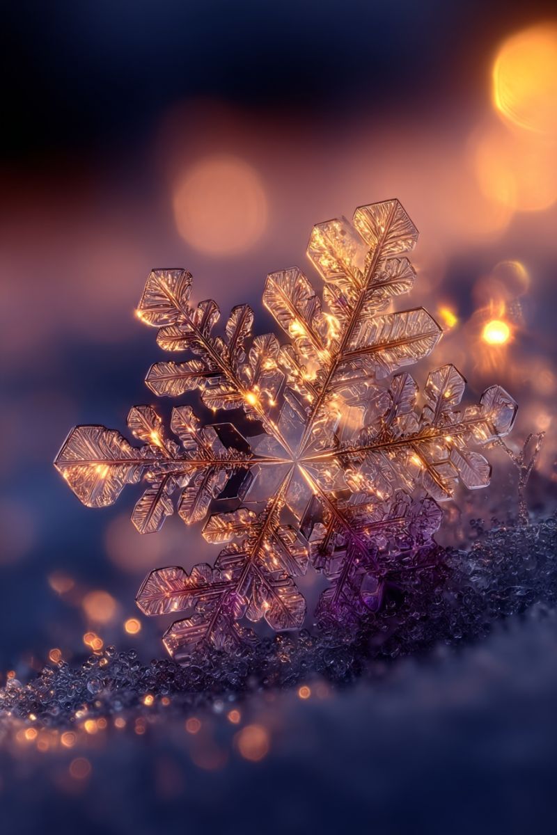 Snowflake crystal ice cold winter nature bokeh texture pattern reflection sparkle magic beauty macro A close-up of a delicate, intricate snowflake with a golden hue, resting on a bed of tiny, sparkling ice crystals. The snowflake's branches are beautifully detailed, with a mix of sharp and rounded edges, reflecting a warm, golden light. The background is softly blurred, with hints of orange and purple, creating a magical winter atmosphere.