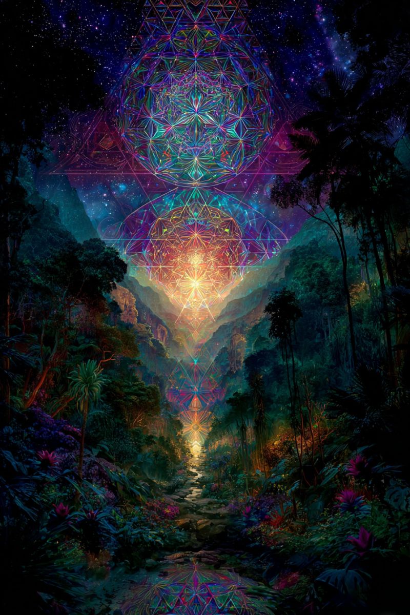 Forest night sky flowers trees mountains water reflection stars geometric pattern colorful fantasy dreamlike mystical sacred geometry A vibrant, mystical scene features a glowing, multicolored geometric pattern resembling a flower of life design, centrally positioned and radiating light. The pattern is composed of overlapping triangles and circles, with hues of purple, green, and yellow. The background is a deep, starry night sky, with stars and a faint nebula adding to the celestial atmosphere. Below the pattern, a lush, dense forest with towering trees and a variety of plants and flowers stretches across the foreground. A narrow, winding path leads through the forest, illuminated by the light from the pattern above. The overall effect is otherworldly and serene, blending natural and cosmic elements.