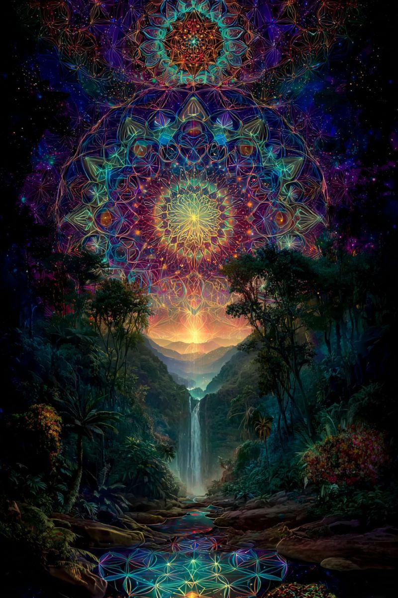 Waterfall forest mountain water sky trees rocks flowers sun reflection colorful fantasy dreamlike geometric pattern sacred geometry vibrant, multicolored circular pattern that dominates the upper part of the scene. This pattern is composed of intricate geometric shapes, including triangles and hexagons, with a central sunburst radiating outwards in a spectrum of colors from yellow to purple. Below this circular pattern, there is a lush, green landscape with a waterfall cascading down a rocky cliff into a serene pool of water. The waterfall is surrounded by dense, tropical vegetation, including palm trees and flowering plants. The sky above is a deep, dark blue, contrasting with the bright colors of the circular pattern and the greenery below. The overall scene is rich in color and detail, creating a sense of depth and movement.