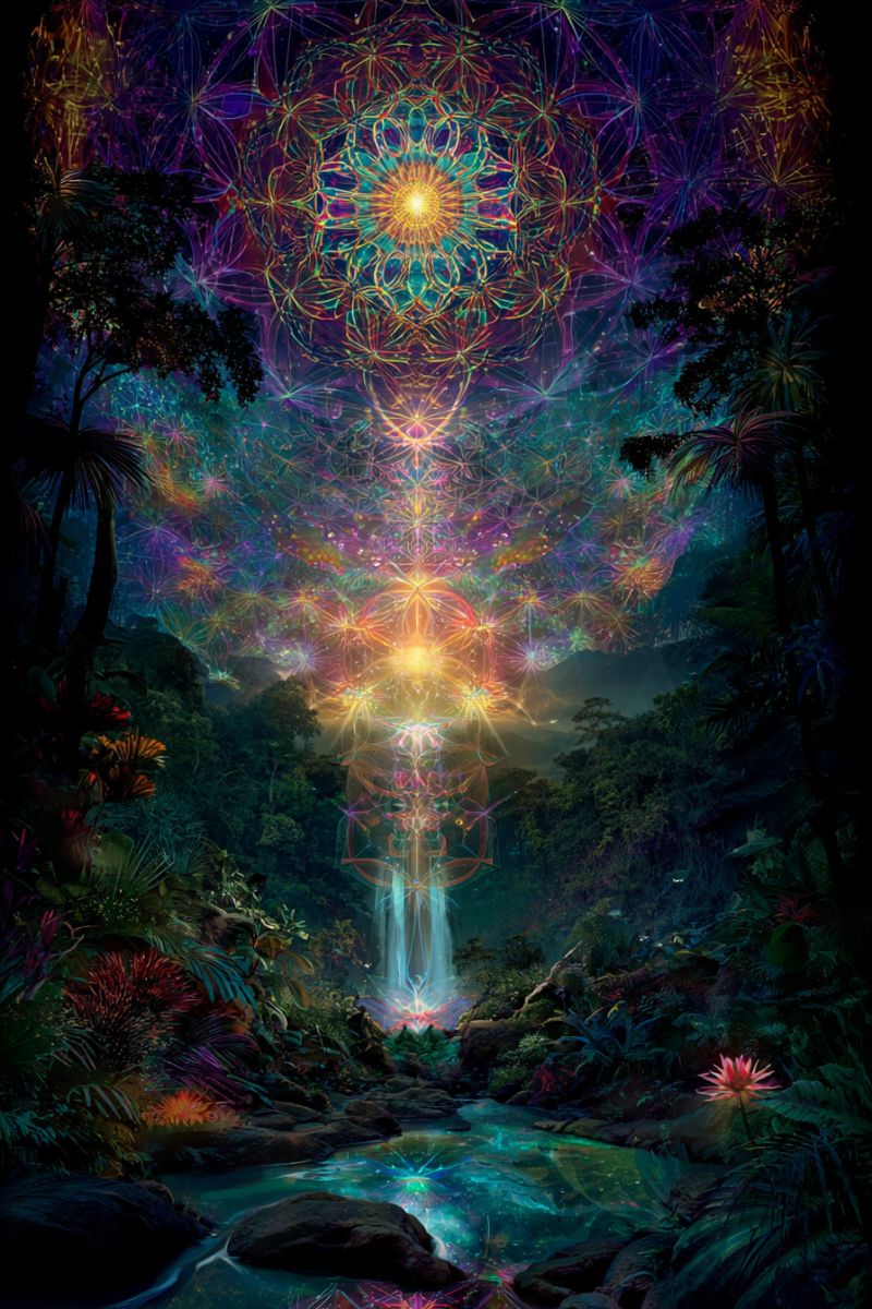Forest waterfall water rock night sky flowers trees plants mountain pond lake creek brook streams rivers In the center of the image, there is a vibrant, multicolored circular pattern resembling a mandala, with a bright yellow center. This circular pattern is surrounded by a series of concentric rings, each with a different color and design, creating a kaleidoscopic effect. The background is dark, with a forest setting visible, featuring lush green trees and plants. A waterfall cascades from the top of the image, flowing into a river that runs through the forest. The river is illuminated with a soft, glowing light, and there are rocks and plants along its banks. The overall scene is mystical and otherworldly, with a sense of harmony and balance.