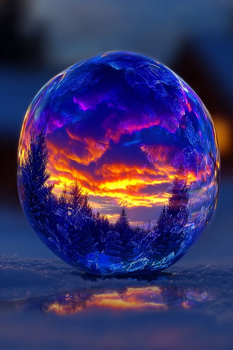 Sunset sky reflection clouds snow trees nature winter cold frost night dark colorful illusion dreamlike A large glass sphere with a blue and purple hue sits on a snowy surface. Inside the sphere, a sunset scene is visible, featuring a sky filled with vibrant orange and yellow hues. The reflection of the sunset is mirrored on the snowy surface below, creating a beautiful and surreal effect. The sphere's surface is slightly distorted, adding to the magical appearance.