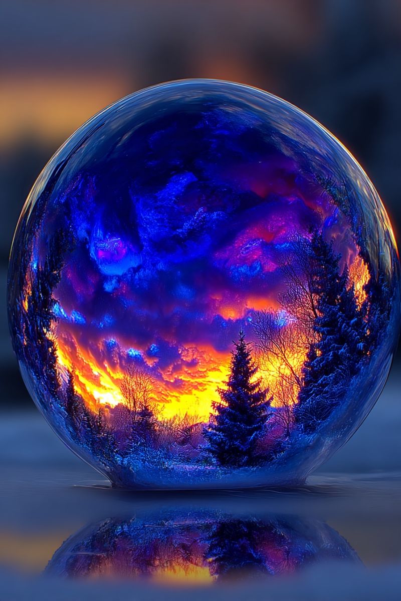 Snow tree sky reflection winter cloud nature forest sunset glass sphere night frost cold weather outdoor A glass sphere captures a winter landscape with a sunset sky. The sky is a mix of deep blues, purples, and warm yellows, creating a dramatic and colorful scene. Inside the sphere, there are several evergreen trees, their branches bare and dusted with snow. The reflection of the trees and sky on the glass surface adds depth and a sense of immersion to the image. The overall effect is magical and serene, with the colors and reflections creating a captivating and peaceful atmosphere.