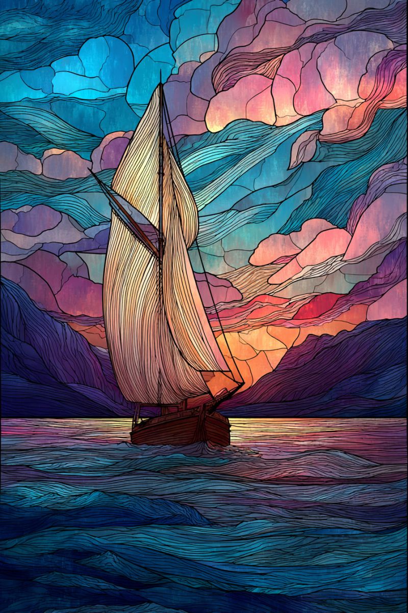 Bateau nuage design mosaique ocean reflet voile voilier coucher soleil texture eau Un voilier navigue sur un vaste océan sous un ciel dramatique. Le voilier a une voile haute et triangulaire avec une série de rayures verticales, captant le vent. La coque du bateau est brune, et il semble avancer. L'océan est représenté par des vagues bleues profondes, et l'eau est calme. Le ciel est un mélange époustouflant de couleurs, passant des violets et bleus profonds en haut aux oranges et roses chauds près de l'horizon, suggérant soit un coucher de soleil, soit un lever de soleil. Les nuages dans le ciel sont grands et flottants, peints dans des nuances de violet, rose et bleu, ajoutant à la qualité éthérée de la scène. L'effet global rappelle une fenêtre en vitrail, avec ses motifs complexes et ses couleurs vibrantes.