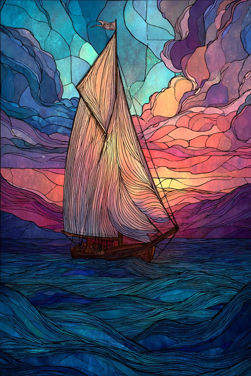 Voilier mosaique eau ocean mer vagues ciel nuages coucher soleil montagnes texture Un voilier navigue sur un vaste océan sous un ciel dramatique. Le voilier a un mât haut avec une voile triangulaire gonflée par le vent. La voile est un mélange de couleurs chaudes et froides, avec des nuances d'orange, de rose et de bleu. L'océan est représenté par des vagues bleu foncé, et l'eau semble calme et sereine. Le ciel est un mélange époustouflant de couleurs, avec des teintes de violet, de rose et d'orange, créant une belle scène de coucher ou de lever de soleil. L'ambiance générale de l'image est paisible et sereine, avec le voilier qui semble glisser sans effort dans l'eau.
