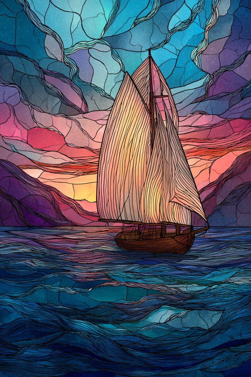 Bateau voile eau ciel coucher soleil mer ocean montagne nuage mosaique texture vitrail Un voilier navigue sur une mer avec un coucher de soleil en arrière-plan. Le voilier a une voile triangulaire avec un mât en bois. La mer a un motif ondulé avec des nuances de bleu et de violet. Le coucher de soleil a un dégradé de couleurs orange, rose et violet. Le ciel a un dégradé de couleurs bleu, violet et rose. Le voilier est au premier plan et le coucher de soleil est en arrière-plan.