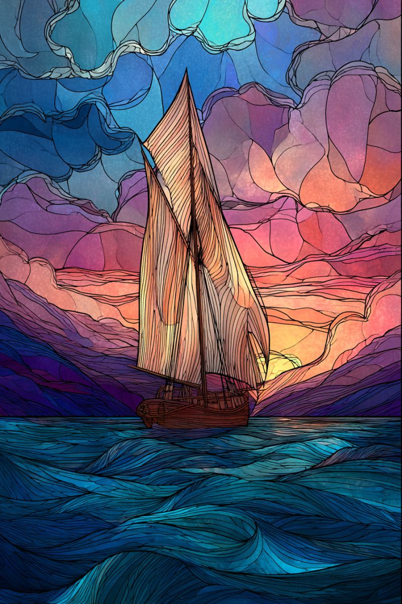 Boat cloud colorful mosaic ocean painting pattern reflection sail sailboat sky sunset texture water sailboat sailing on a vast ocean under a dramatic sky. The sailboat has a tall, triangular sail with a wooden texture, and its hull is brown. The ocean is depicted with deep blue waves, creating a sense of movement and depth. The sky is a mosaic of vibrant colors, including shades of blue, purple, pink, and orange, suggesting a sunset or sunrise. The clouds in the sky are also multicolored, adding to the ethereal and artistic quality of the scene. The overall composition is reminiscent of a stained glass window, with its intricate patterns and rich colors.