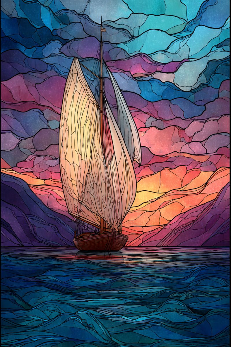 Bateau croisiere navire mer ocean voile eau vagues coucher soleil Un voilier avec un mât haut et des voiles gonflées glisse sur un océan serein sous un ciel dramatique. Le ciel est un mosaïque de couleurs vibrantes, passant des bleus et violets profonds en haut aux oranges et roses chauds près de l'horizon. L'eau en dessous reflète les couleurs du ciel, créant un effet de miroir. La coque du voilier est partiellement immergée, et ses voiles captent la lumière, projetant une douce lueur. La scène est encadrée par un fond de collines ondulantes et colorées qui se fondent dans le ciel, ajoutant de la profondeur et de la texture à l'image.