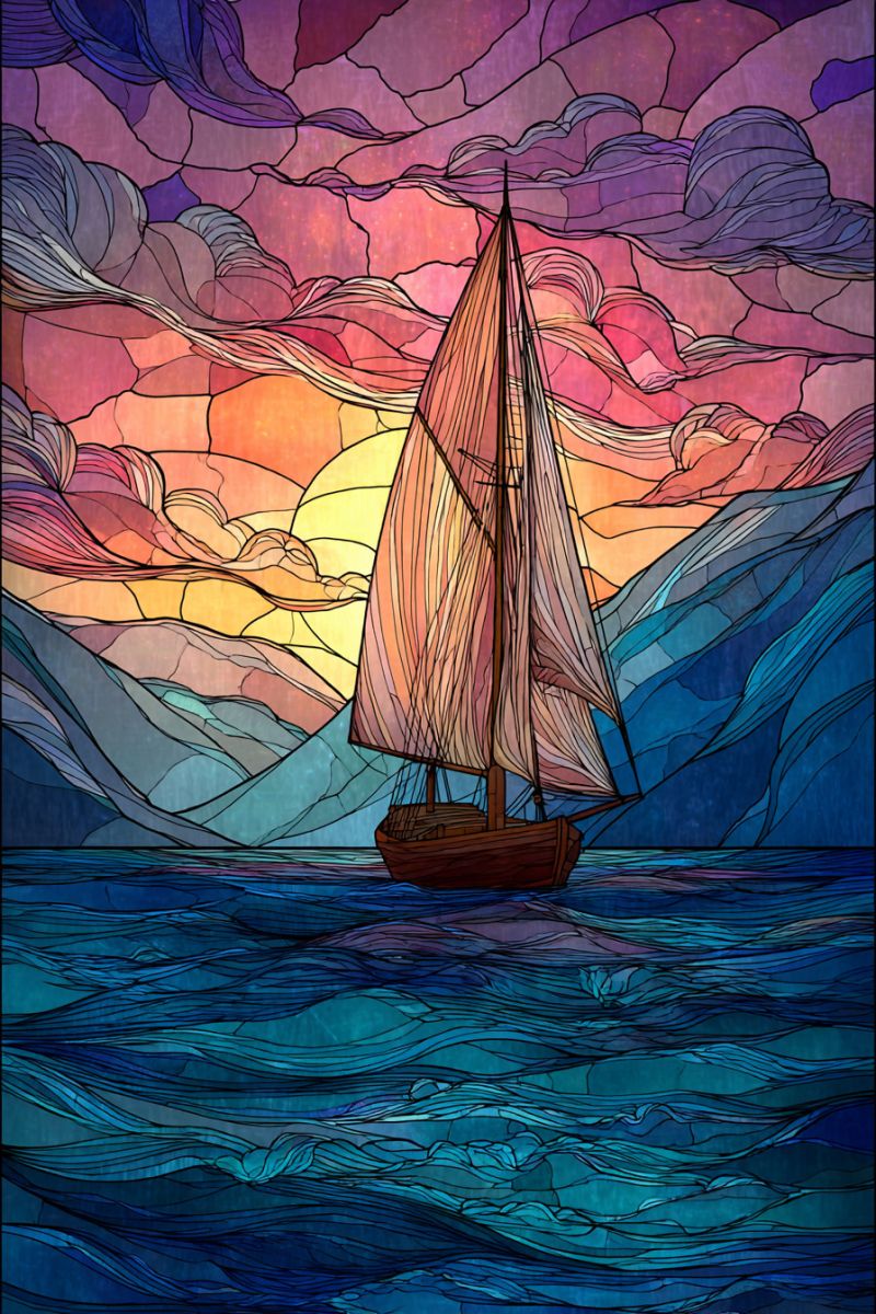 Bateau nuage croisiere decor design mosaique montagne ocean voile coucher soleil Un voilier navigue sur l'océan sous un ciel de coucher de soleil vibrant. Le voilier a un mât haut et une grande voile gonflée par le vent. Le ciel est un mélange de couleurs chaudes, y compris des nuances d'orange, de rose et de violet, créant un bel effet de dégradé. L'océan est calme, avec de douces vagues reflétant les couleurs du ciel. L'image a un effet de vitrail, avec les couleurs se mélangeant harmonieusement.