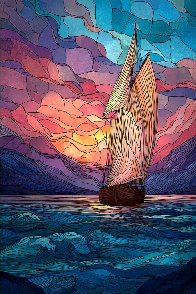 Bateau mosaique ocean reflet voile voilier coucher soleil texture eau vagues vent Un voilier navigue sur un vaste océan sous un ciel dramatique. Le voilier a un mât haut avec deux voiles gonflées par le vent. L'océan est représenté par des vagues bleu profond, et l'eau semble calme avec de douces ondulations. Le ciel est un magnifique mosaïque de couleurs, passant des violets et bleus profonds en haut aux oranges et roses chauds près de l'horizon, suggérant soit un coucher de soleil soit un lever de soleil. L'arrière-plan présente une silhouette de montagnes ou de falaises, ajoutant au sentiment d'aventure et d'exploration. La scène globale est vibrante et colorée, avec un sentiment de mouvement et de tranquillité.