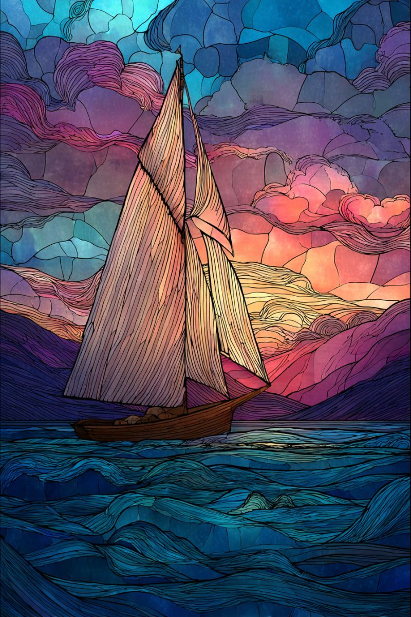 Boat clouds colorful mosaic ocean painting sail sailboat sailing sky sunset texture water waves wind wood sailboat sailing on a vast ocean under a dramatic sky. The sailboat has a tall mast with multiple sails, and its hull is brown. The ocean is depicted with deep blue waves, creating a sense of movement and depth. The sky is a blend of vibrant colors, including shades of purple, pink, and orange, suggesting either a sunset or sunrise. The background features a mosaic-like pattern with swirling clouds and a hint of mountains or cliffs in the distance. The overall scene conveys a sense of adventure and the beauty of nature.