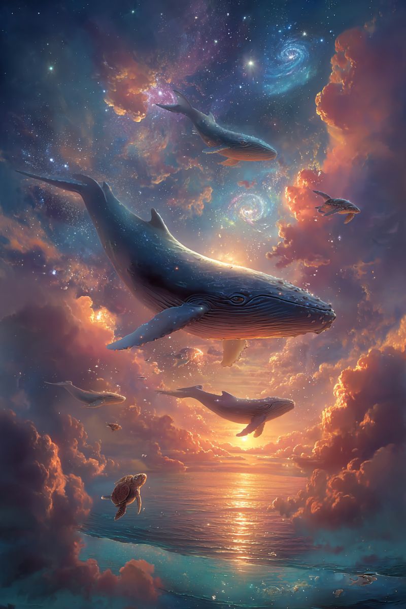 Whales ocean sky clouds stars galaxy sea sunset turtle water nature fantasy dream imagination space beauty In a surreal scene, several humpback whales are gracefully leaping through the sky, their bodies illuminated by the soft glow of the setting sun. The sky is a blend of deep blues and warm oranges, with scattered clouds adding texture. A small sea turtle swims near the ocean's surface, its shell reflecting the sunlight. The ocean below is calm, with gentle waves and a horizon where the sky meets the water. Stars and a distant galaxy add a touch of cosmic wonder to the scene.