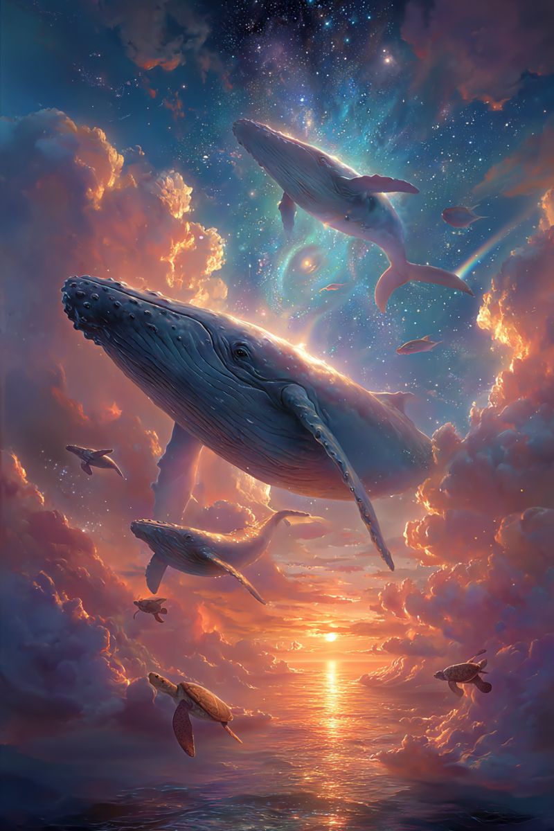 Whales ocean sky clouds sunset sea turtles fish stars rainbow fantasy nature dreamlike ethereal colorful majestic wildlife marine life surreal scene with several whales and sea turtles floating in the sky. The largest whale is positioned centrally, with its tail and head visible, while smaller whales and turtles are scattered around it. The sky is filled with vibrant colors, including shades of orange, pink, and blue, suggesting a sunset or sunrise. The clouds are fluffy and illuminated by the warm light, creating a dreamy atmosphere. The ocean below is calm and reflects the colors of the sky. The scene is fantastical, blending elements of nature and imagination.