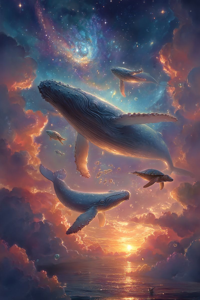 Whales sky clouds ocean sunset stars bubbles fantasy nature space dreamlike colorful imagination celestial aquatic ethereal majestic marine life In a surreal scene, several whales and a turtle float gracefully in the sky, surrounded by vibrant clouds and a setting sun. The whales are of various sizes, with one large whale in the center, its tail raised, and others smaller and closer to the foreground. The sky is a mix of deep blues, oranges, and pinks, with stars and a hint of a galaxy visible. The water below is calm and reflects the colors of the sky, creating a serene and magical atmosphere.