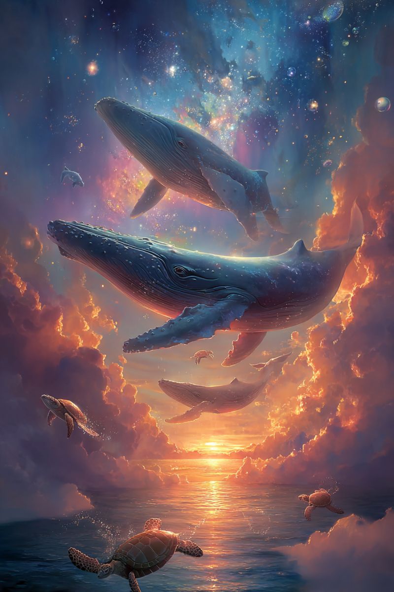 Baleines ocean ciel nuages coucher soleil tortues bulles etoiles espace fantaisie eau onirique imagination nature faune Dans une scène vibrante et surréaliste, plusieurs baleines et tortues de mer sautent gracieusement dans le ciel. Les baleines, avec leurs corps massifs et leurs grandes queues distinctives, sont positionnées dans une formation dynamique, comme si elles exécutaient un ballet aérien. Leur peau brille de gouttelettes d'eau, et leurs yeux sont grands ouverts, capturant l'émerveillement de leur vol. Les tortues de mer, plus petites en comparaison, sont également en vol, leurs carapaces reflétant la lumière alors qu'elles se déplacent dans l'air. Le ciel est un mélange de bleus profonds et d'oranges ardents, suggérant un coucher ou un lever de soleil. Les nuages sont épais et dramatiques, ajoutant à la qualité éthérée de la scène. L'océan en dessous est calme et réfléchissant, miroir des couleurs du ciel. L'atmosphère générale est celle de l'émerveillement et de la magie, comme si les frontières entre la mer et le ciel avaient été temporairement dissoutes.
