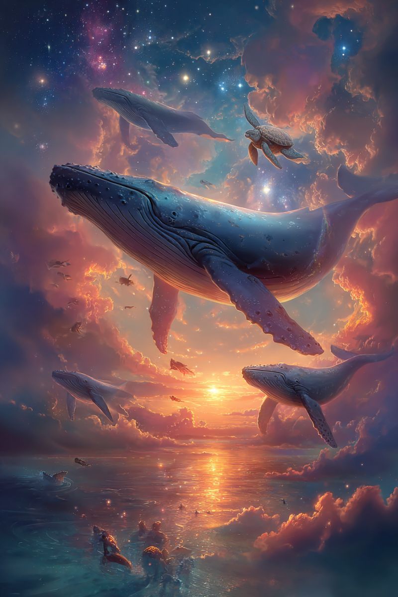 Baleines ocean ciel nuages coucher soleil etoiles tortue mer eau animaux nature fantaisie reve imagination faune marin Dans une scène surréaliste, plusieurs baleines et une tortue flottent gracieusement dans le ciel, entourées de nuages vibrants. Les baleines sont représentées à différents stades de vol, avec une baleine en particulier au premier plan, son corps arqué et sa queue levée. Le ciel est un mélange de bleus profonds et de teintes chaudes de coucher de soleil, avec des étoiles et un soleil couchant qui ajoutent à l'atmosphère magique. En dessous, l'océan est calme et parsemé de petits poissons et d'autres créatures marines, créant un sentiment d'harmonie entre le ciel et la mer.